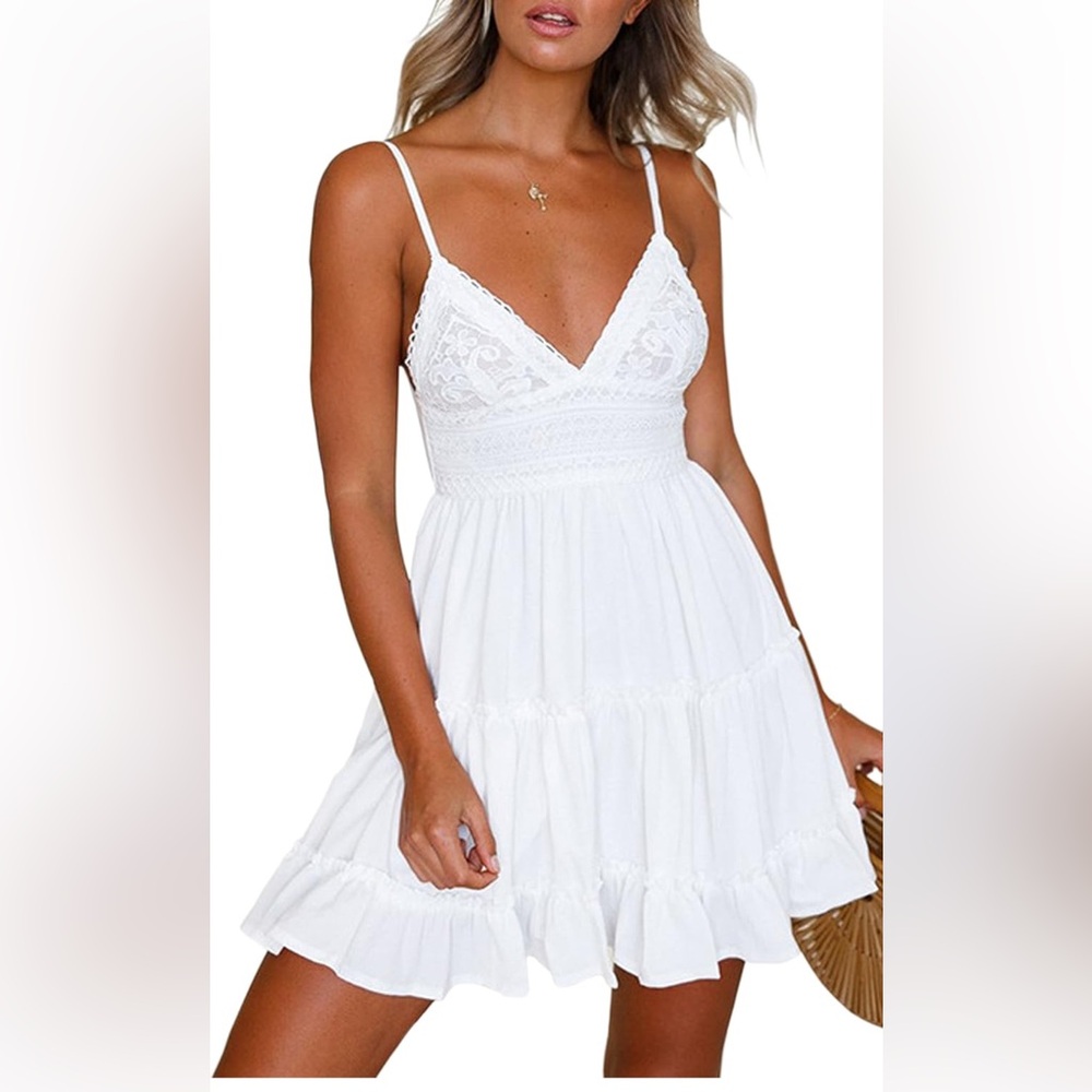 ECOWISH Dress V-Neck Spaghetti Strap Bowknot
